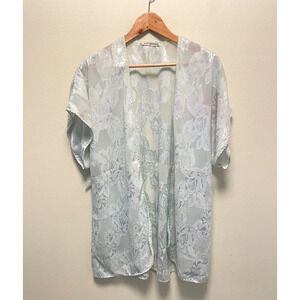 Vintage Womens Kimono Robe Size Medium Blue Floral Damask Romantic Feminine 90s